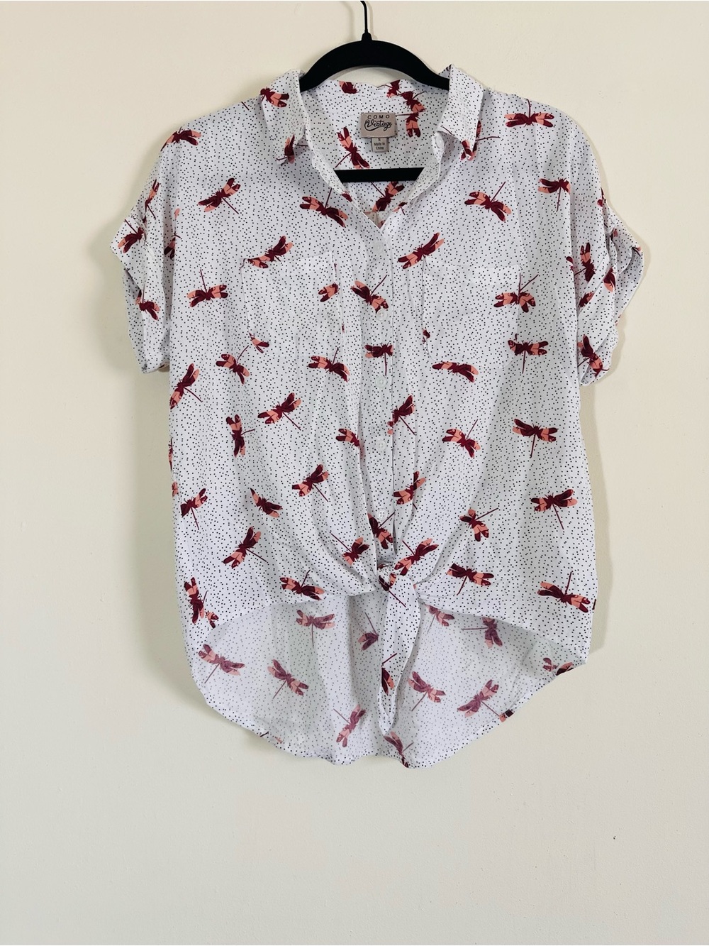 Dragonfly Polka Dot Tie Front Button Up Shirt Size Small Cottagecore Goblincore